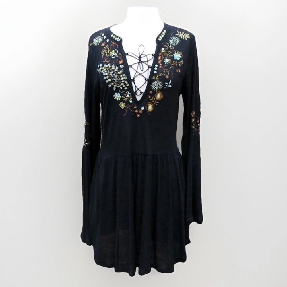The Free People Black Embroidered Tunic Top or Mini Dress